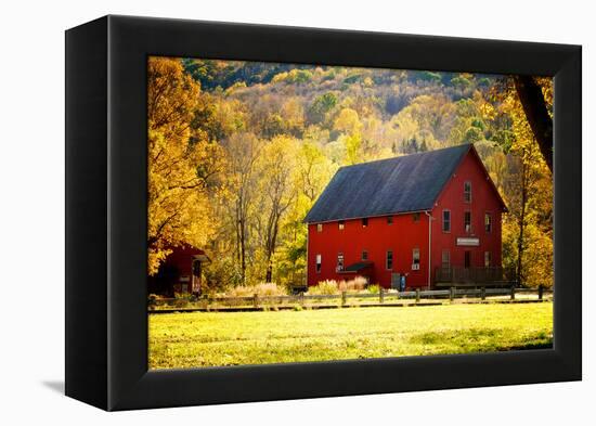 Red Barn and Autumn Foliage, Kent, Connecticut.-Sabine Jacobs-Framed Premier Image Canvas