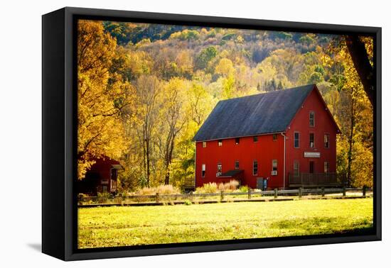 Red Barn and Autumn Foliage, Kent, Connecticut.-Sabine Jacobs-Framed Premier Image Canvas