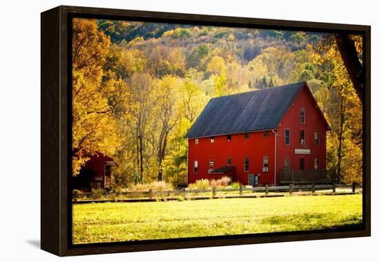 Red Barn and Autumn Foliage, Kent, Connecticut.-Sabine Jacobs-Framed Premier Image Canvas