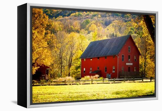 Red Barn and Autumn Foliage, Kent, Connecticut.-Sabine Jacobs-Framed Premier Image Canvas