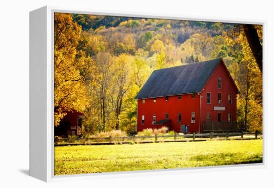 Red Barn and Autumn Foliage, Kent, Connecticut.-Sabine Jacobs-Framed Premier Image Canvas