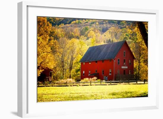 Red Barn and Autumn Foliage, Kent, Connecticut.-Sabine Jacobs-Framed Photographic Print