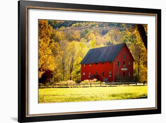 Red Barn and Autumn Foliage, Kent, Connecticut.-Sabine Jacobs-Framed Photographic Print