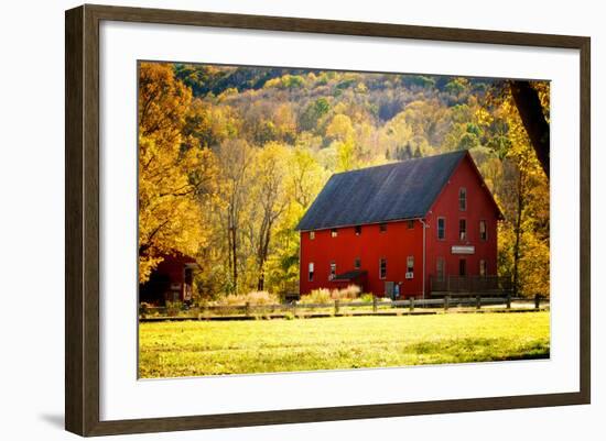 Red Barn and Autumn Foliage, Kent, Connecticut.-Sabine Jacobs-Framed Photographic Print