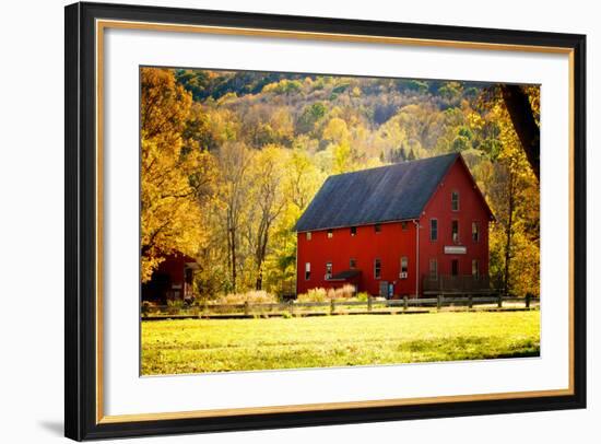 Red Barn and Autumn Foliage, Kent, Connecticut.-Sabine Jacobs-Framed Photographic Print