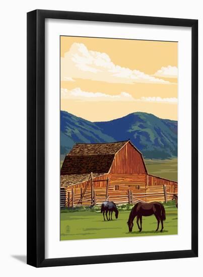 Red Barn and Horses-Lantern Press-Framed Art Print