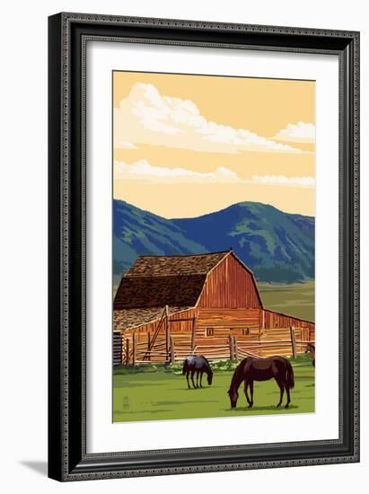 Red Barn and Horses-Lantern Press-Framed Art Print