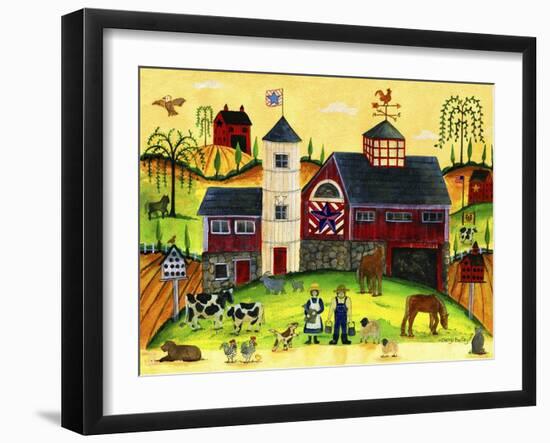 Red Barn Farmyard Folk Art-Cheryl Bartley-Framed Giclee Print