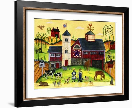 Red Barn Farmyard Folk Art-Cheryl Bartley-Framed Giclee Print