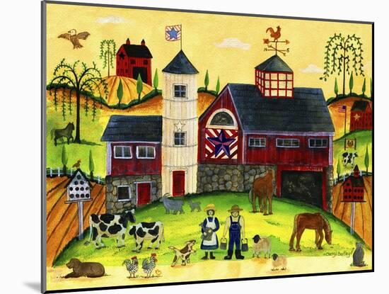 Red Barn Farmyard Folk Art-Cheryl Bartley-Mounted Giclee Print