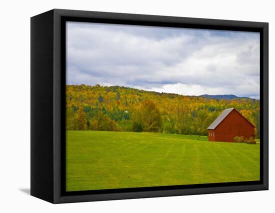 Red Barn in Green Field in Autumn-Lew Robertson-Framed Premier Image Canvas