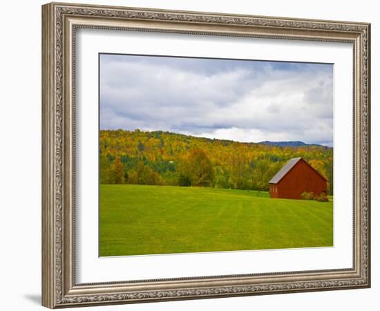 Red Barn in Green Field in Autumn-Lew Robertson-Framed Photographic Print