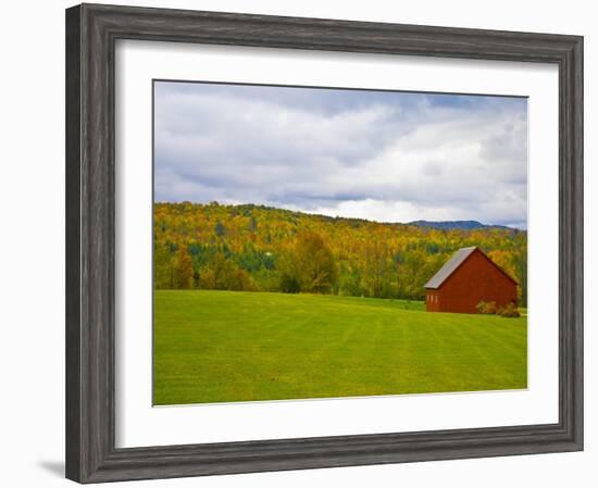 Red Barn in Green Field in Autumn-Lew Robertson-Framed Photographic Print