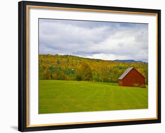 Red Barn in Green Field in Autumn-Lew Robertson-Framed Photographic Print