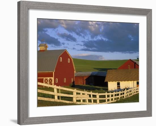 Red Barn with Fenceline in Summer, Whitman County, Washington, USA-Julie Eggers-Framed Photographic Print