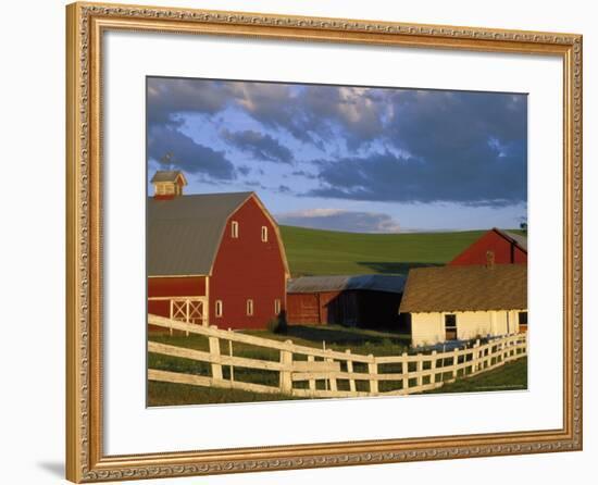 Red Barn with Fenceline in Summer, Whitman County, Washington, USA-Julie Eggers-Framed Photographic Print