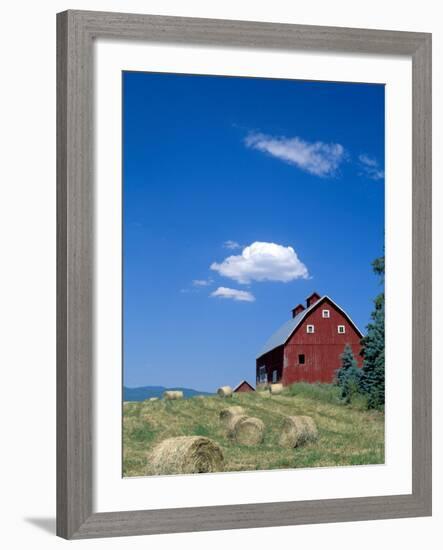 Red Barn with Rolled Hay Bales, Potlatch, Idaho, USA-Julie Eggers-Framed Photographic Print