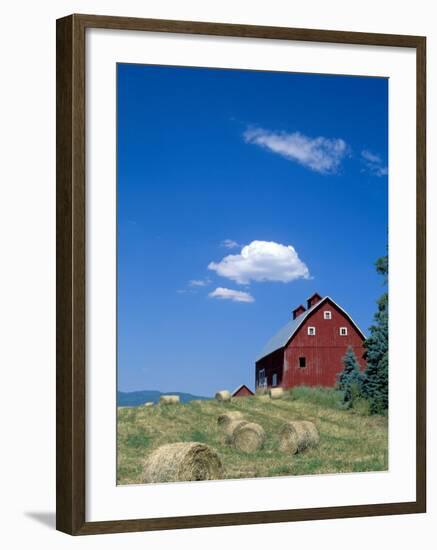 Red Barn with Rolled Hay Bales, Potlatch, Idaho, USA-Julie Eggers-Framed Photographic Print