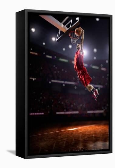 Red Basketball Player in Action in Gym-Eugene Onischenko-Framed Premier Image Canvas