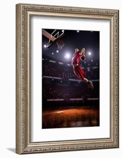 Red Basketball Player in Action in Gym-Eugene Onischenko-Framed Photographic Print