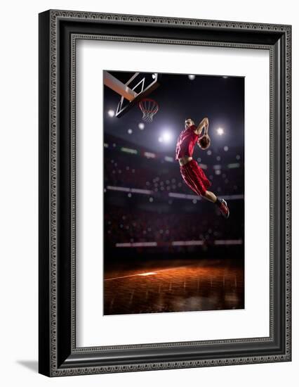 Red Basketball Player in Action in Gym-Eugene Onischenko-Framed Photographic Print