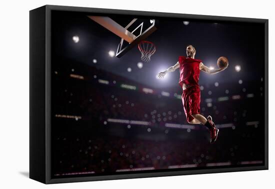 Red Basketball Player in Action in Gym-Eugene Onischenko-Framed Premier Image Canvas