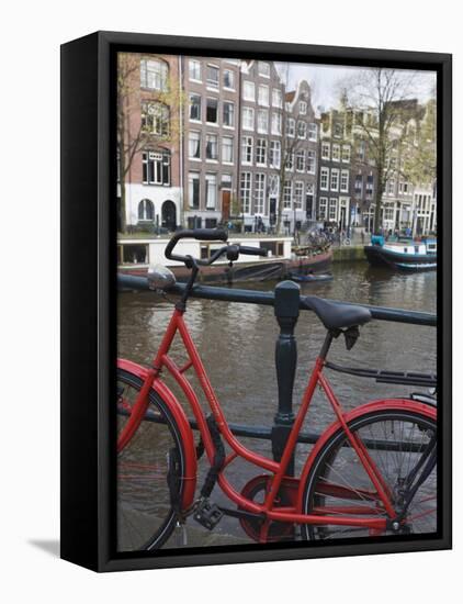 Red Bicycle by the Herengracht Canal, Amsterdam, Netherlands, Europe-Amanda Hall-Framed Premier Image Canvas