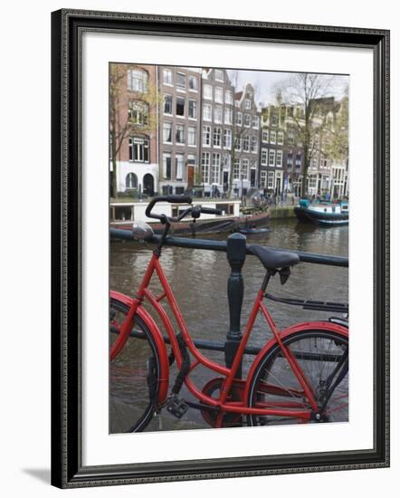 Red Bicycle by the Herengracht Canal, Amsterdam, Netherlands, Europe-Amanda Hall-Framed Photographic Print