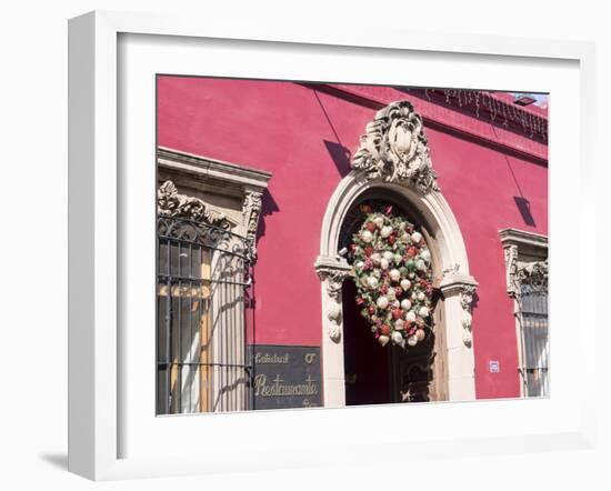 Red building with Christmas decorations, Catedral Restaurante, Oaxaca, Mexico, North America-Melissa Kuhnell-Framed Photographic Print