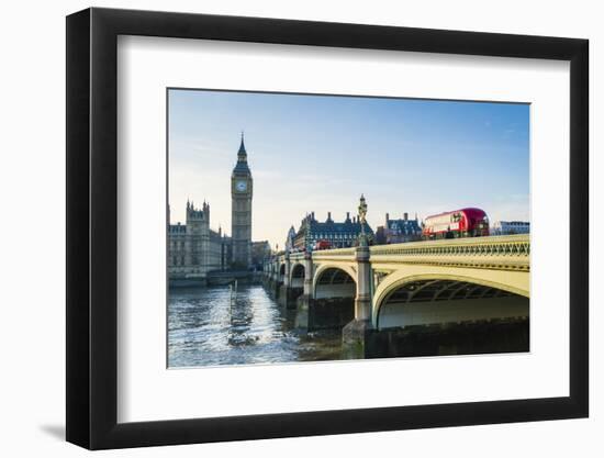 Red bus crossing Westminster Bridge towards Big Ben and the Houses of Parliament, London, England,-Fraser Hall-Framed Photographic Print