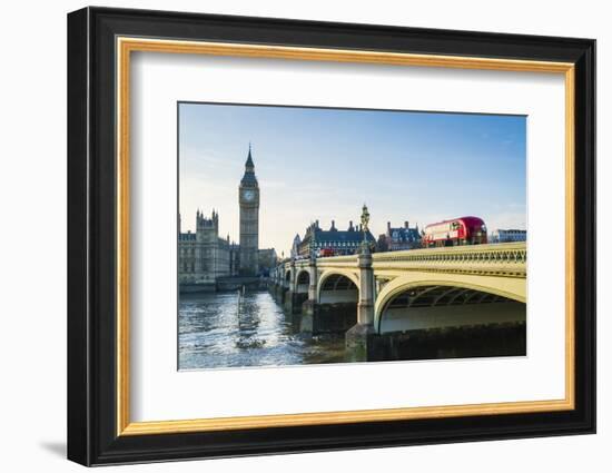 Red bus crossing Westminster Bridge towards Big Ben and the Houses of Parliament, London, England,-Fraser Hall-Framed Photographic Print