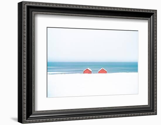 Red cabins in the snow overlooking the frozen sea, Troms county, Norway, Scandinavia, Europe-Roberto Moiola-Framed Photographic Print