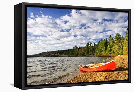Red Canoe on Beach at Lake of Two Rivers, Ontario, Canada-elenathewise-Framed Premier Image Canvas