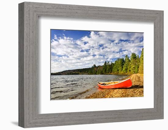 Red Canoe on Beach at Lake of Two Rivers, Ontario, Canada-elenathewise-Framed Photographic Print