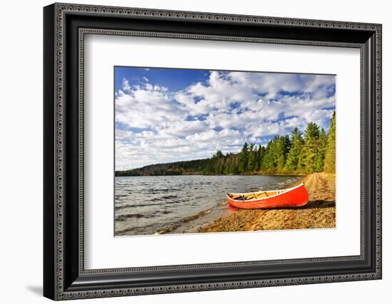 Red Canoe on Beach at Lake of Two Rivers, Ontario, Canada-elenathewise-Framed Photographic Print