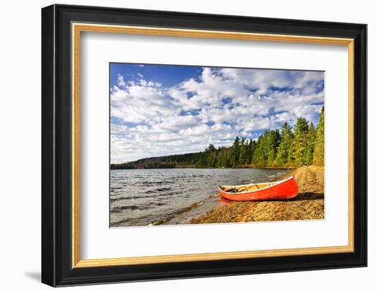 Red Canoe on Beach at Lake of Two Rivers, Ontario, Canada-elenathewise-Framed Photographic Print