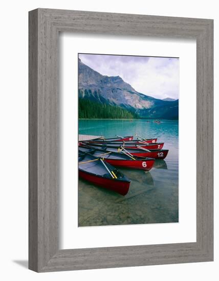 Red Canoes On Emerald Lake, British Columbia-George Oze-Framed Photographic Print