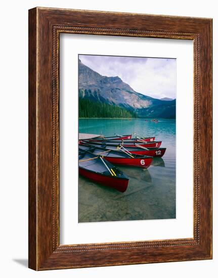 Red Canoes On Emerald Lake, British Columbia-George Oze-Framed Photographic Print