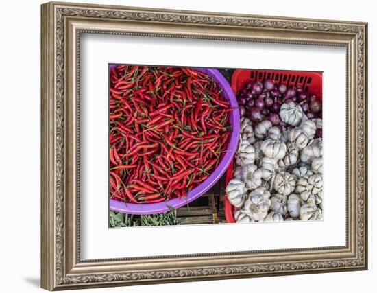 Red Chillies, Onions, and Garlic for Sale at Fresh Food Market in Chau Doc-Michael Nolan-Framed Photographic Print