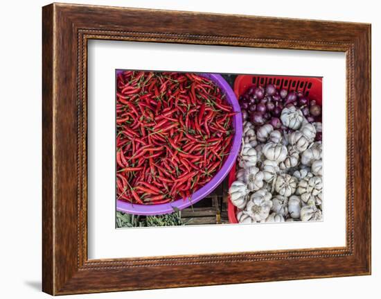 Red Chillies, Onions, and Garlic for Sale at Fresh Food Market in Chau Doc-Michael Nolan-Framed Photographic Print