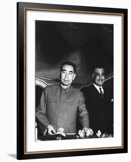 Red Chinese Leader Chou En Lai During His Tour of Egypt, with Gamal Abdul Nasser-Paul Schutzer-Framed Premium Photographic Print