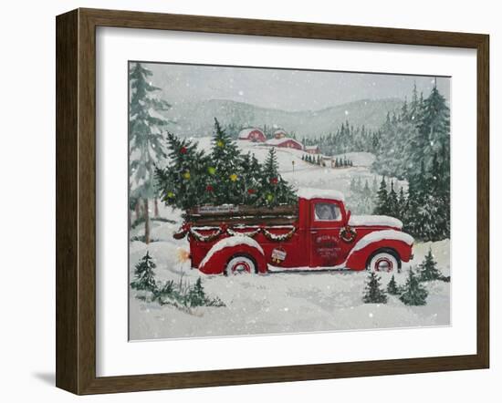 Red Christmas Truck Transports Christmas Trees through a Snowy Winter Landscape-Renate Holzner-Framed Photographic Print