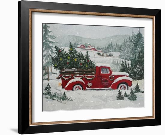 Red Christmas Truck Transports Christmas Trees through a Snowy Winter Landscape-Renate Holzner-Framed Photographic Print