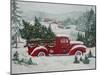 Red Christmas Truck Transports Christmas Trees through a Snowy Winter Landscape-Renate Holzner-Mounted Photographic Print