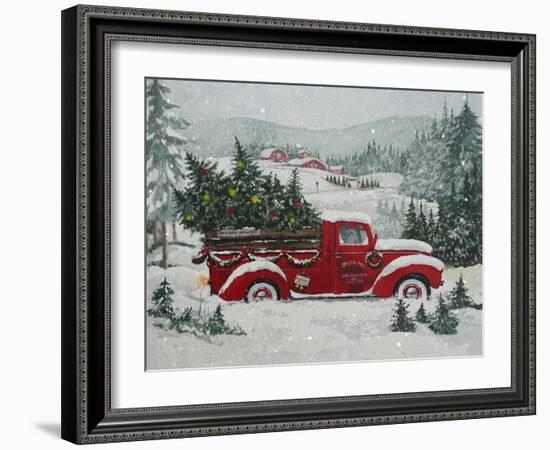 Red Christmas Truck Transports Christmas Trees through a Snowy Winter Landscape-Renate Holzner-Framed Photographic Print