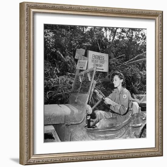 Red Cross Worker Janet Schwerton (Of Newton, Ma) Drives Jeep Along the Ledo Road, Burma, July 1944-Bernard Hoffman-Framed Photographic Print