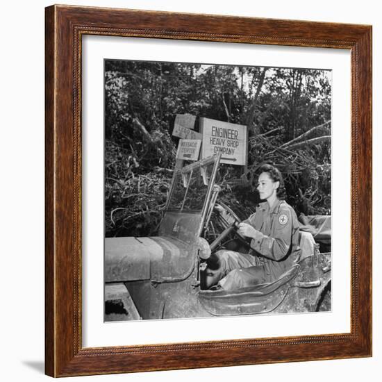 Red Cross Worker Janet Schwerton (Of Newton, Ma) Drives Jeep Along the Ledo Road, Burma, July 1944-Bernard Hoffman-Framed Photographic Print