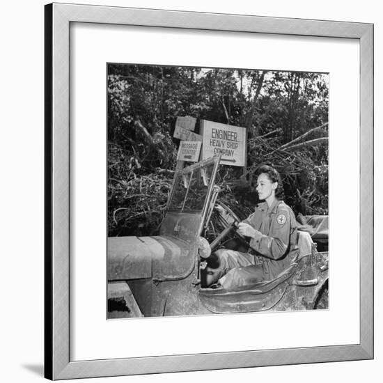 Red Cross Worker Janet Schwerton (Of Newton, Ma) Drives Jeep Along the Ledo Road, Burma, July 1944-Bernard Hoffman-Framed Photographic Print