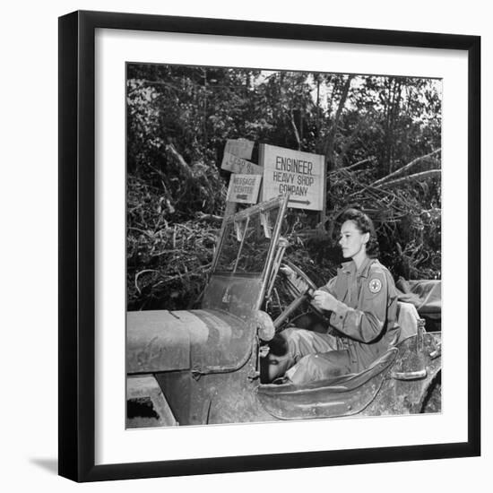 Red Cross Worker Janet Schwerton (Of Newton, Ma) Drives Jeep Along the Ledo Road, Burma, July 1944-Bernard Hoffman-Framed Photographic Print