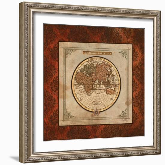 Red Damask Map II-Elizabeth Medley-Framed Premium Giclee Print